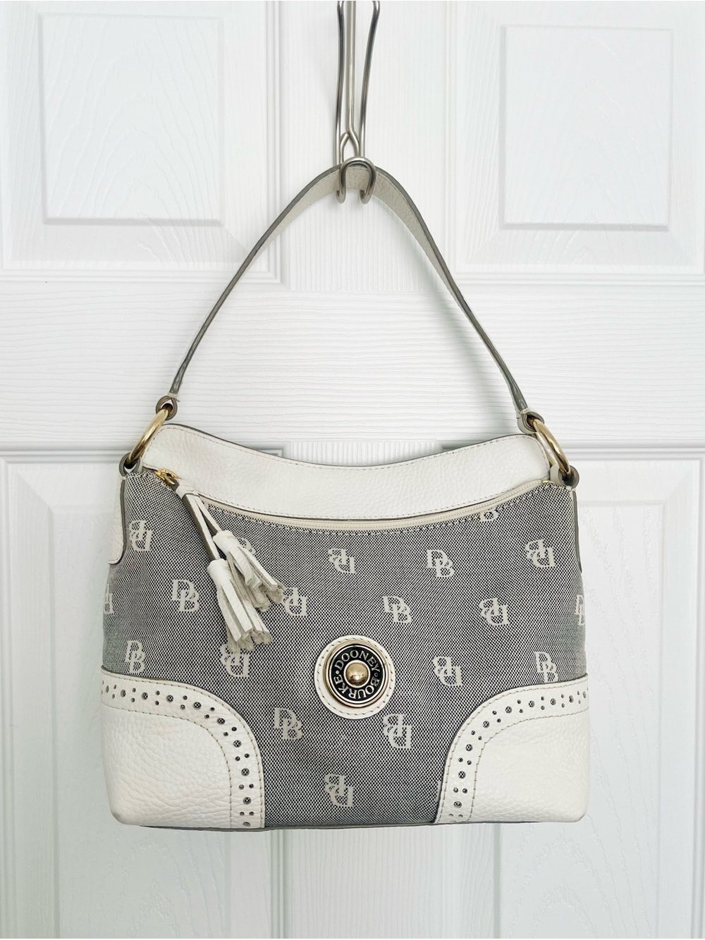 Dooney & Bourke Gray and White Signature Hobo Shoulder Bag